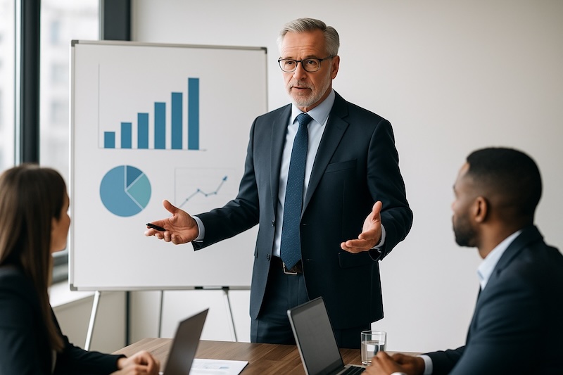 Manager de transition animant une réunion stratégique en entreprise